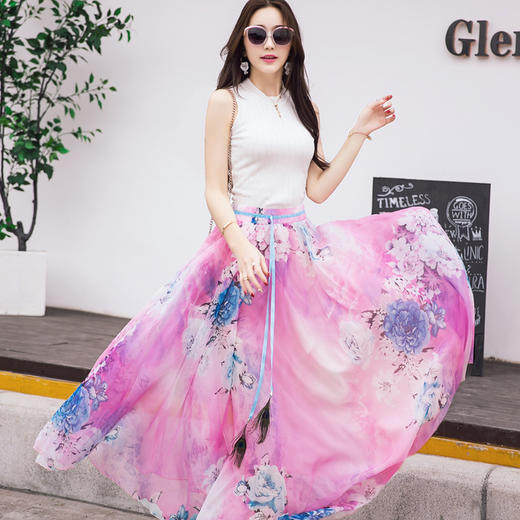 YL-YS1050夏新款半身长裙高腰大摆裙雪纺印花拖地长裙仙女裙WY 商品图4