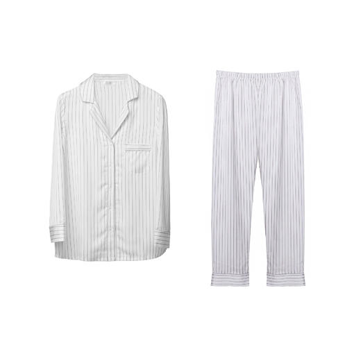 纺丝睡衣套装女条纹开衫翻领休闲长袖长裤家居服JJTY563 商品图0