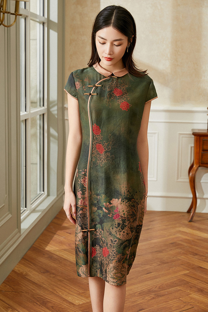 xnb105香云纱桑蚕丝盘扣改良旗袍真丝裙