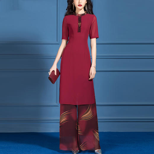 SSGS-C139夏装新款典雅端庄气质红色雪纺阔腿裤两件套 商品图1
