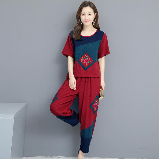 MQ-TZ212夏季大码宽松复古刺绣阔腿裤时尚棉麻两件套YY 商品图1