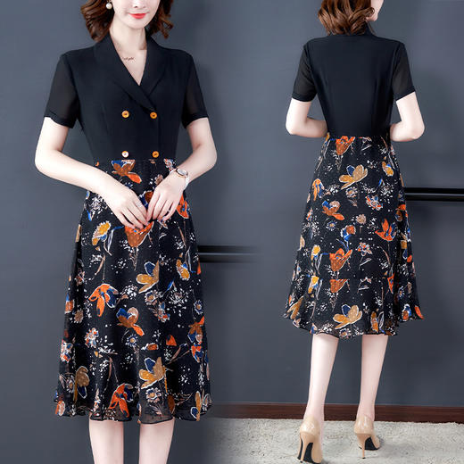 DD-9050夏新款短袖气质时尚双排扣黑色拼接A字裙子 商品图2