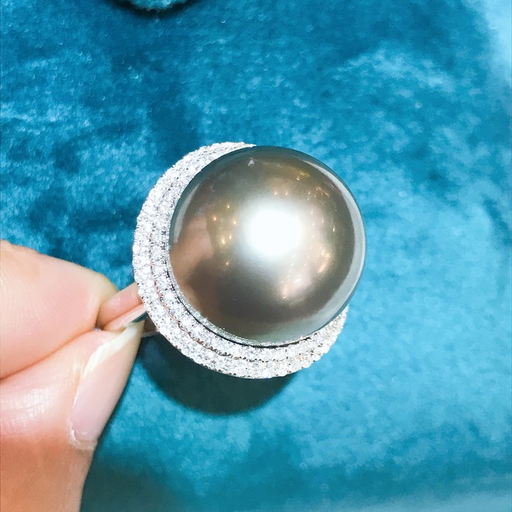 天然海水大溪地黑珍珠戒指裸珠16mm皮光很好经典简约四花款上手效果很