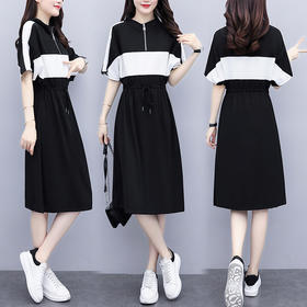 DD-7057夏大码女装新款撞色V领休闲气质收腰显瘦连衣裙