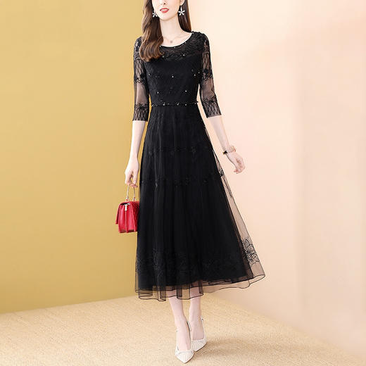 SX-51660春季新款黑色网纱刺绣连衣裙 商品图0