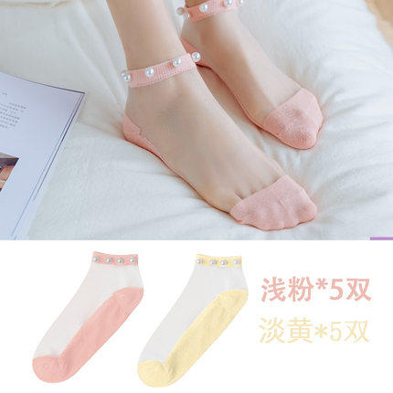 （热销推荐——韩版休闲珍珠女袜）女士夏季薄款珍珠花边玻璃卡丝袜，新品短筒船袜ins仙女袜WY 商品图8