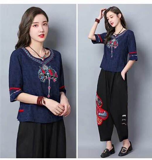 MQ-TZ207夏装复古上衣棉麻洋气民族风套装YY 商品图3