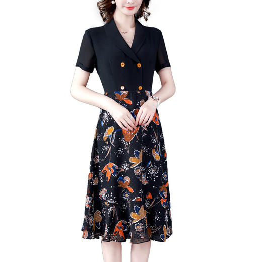 DD-9050夏新款短袖气质时尚双排扣黑色拼接A字裙子 商品图3