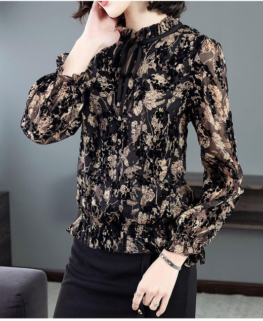 DD-260春洋气百搭长袖时尚宽松女土碎花雪纺衬衫 商品图1