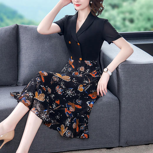 DD-9050夏新款短袖气质时尚双排扣黑色拼接A字裙子 商品图0