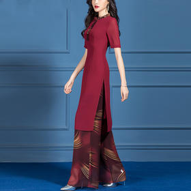 SSGS-C139夏装新款典雅端庄气质红色雪纺阔腿裤两件套