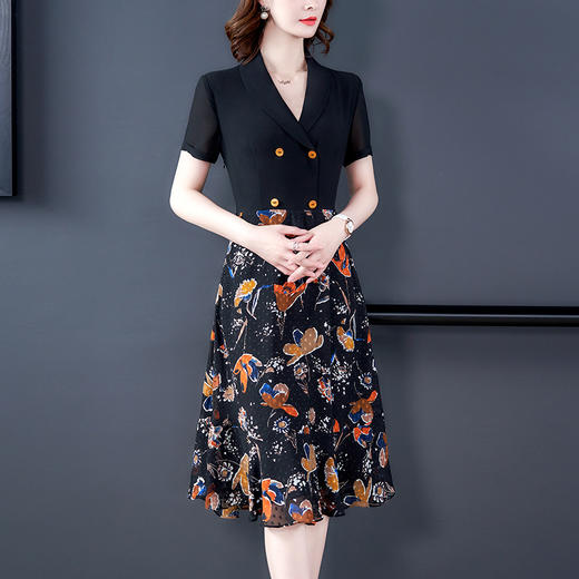 DD-9050夏新款短袖气质时尚双排扣黑色拼接A字裙子 商品图1
