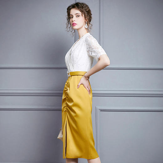 ZL-M1015名媛气质夏装新款蕾丝褶皱收腰显瘦礼服 商品图3