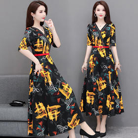 YWE AS209中袖V领印花过膝中长款优雅连衣裙