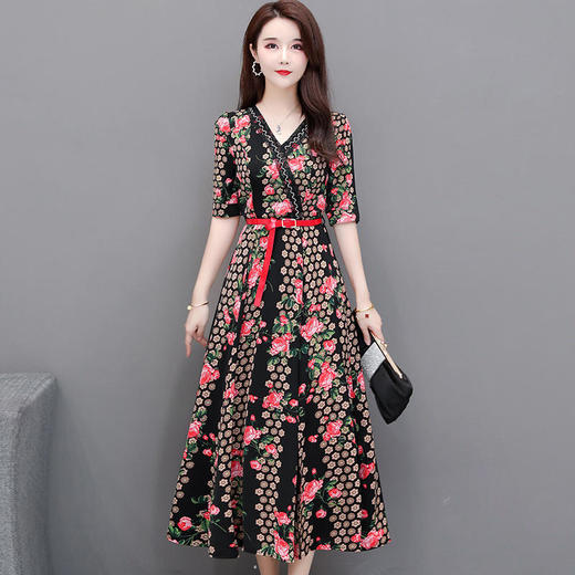 YWE AS209中袖V领印花过膝中长款优雅连衣裙 商品图1