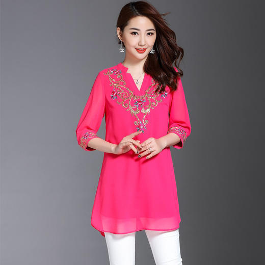 JSNH-JS6115民族风新款中老年女装钉珠刺绣宽松大码七分袖连衣裙WY 商品图0