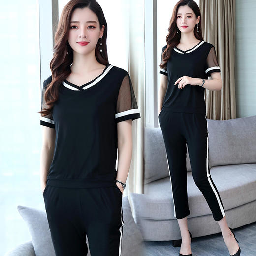 DD-9075夏季新款时尚韩版修身短袖T恤休闲小脚运动裤两件套 商品图0