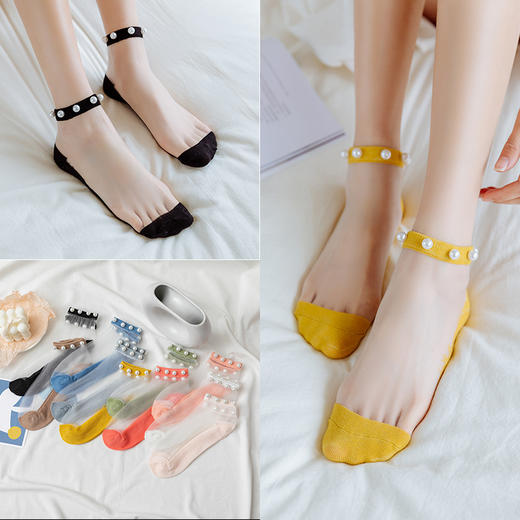 （热销推荐——韩版休闲珍珠女袜）女士夏季薄款珍珠花边玻璃卡丝袜，新品短筒船袜ins仙女袜WY 商品图2