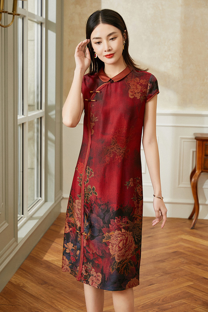 xnb105香云纱桑蚕丝盘扣改良旗袍真丝裙