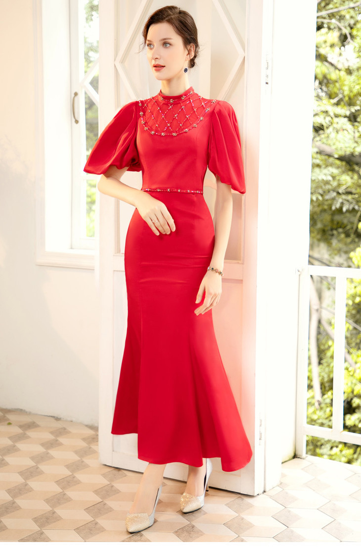 zlzs11037新款手工钉珠灯笼袖收腰显瘦鱼尾裙礼服