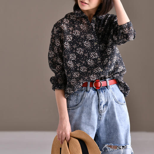 米兰宣言c5100c复古小碎花九分袖女士衬衫宽松百搭文艺春季女上衣