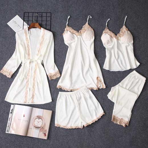 缎面雪纺睡衣女秋夏季性感仿真丝五件套丝绸带胸垫吊带睡袍家居服 商品图2