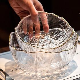 无铅水晶锤纹玻璃沙冰川拉碗 | 日式创意透明冰碗 金边水果盘甜品碗，