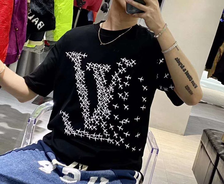 lv大牌大logo印花字母tee飞机圆领休闲情侣t恤短袖lv1001