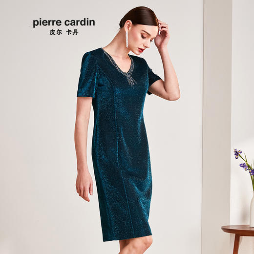 皮尔卡丹女装夏季绿色V领短袖一步裙时尚中长款连衣裙P0242DS09G0
 商品图1