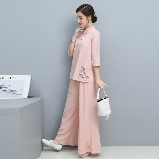 YSY-5362夏季原创新款民族风棉麻盘扣绣花瑜伽服大码茶服套装 商品图4
