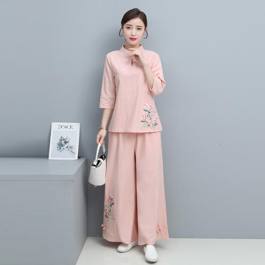 YSY-5362夏季原创新款民族风棉麻盘扣绣花瑜伽服大码茶服套装 商品图1