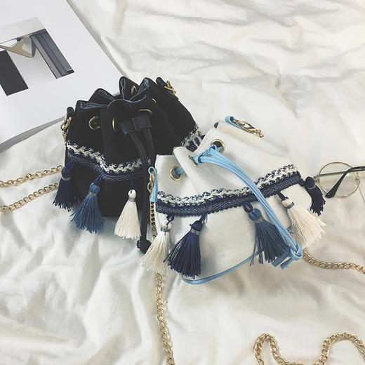 【链条单肩包斜挎小包】包包夏季韩版民族风帆布水桶包女流苏箱包 商品图0