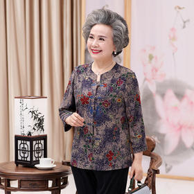 MQQ-LMM0066987夏季中老年圆领开衫衬衫老太太印花套装
