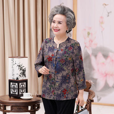 MQQ-LMM0066987夏季中老年圆领开衫衬衫老太太印花套装 商品图0