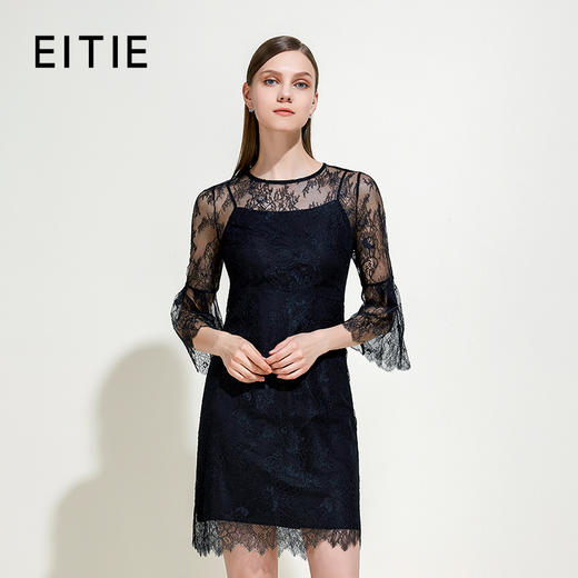 EITIE爱特爱女装春夏季荷叶花边七分袖性感蕾丝拼接连衣裙5907694 商品图0