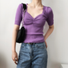 紫色方领抽褶冰爽丝针织短袖T恤女夏季新款漏锁骨上衣 商品缩略图1