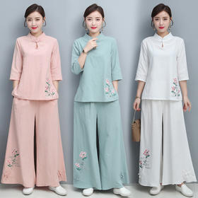 YSY-5362夏季原创新款民族风棉麻盘扣绣花瑜伽服大码茶服套装