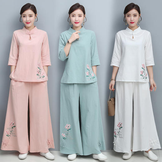 YSY-5362夏季原创新款民族风棉麻盘扣绣花瑜伽服大码茶服套装 商品图0