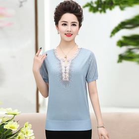 QYY-xx1901时尚妈妈装大码宽松镶钻冰丝短袖针织衫
