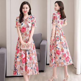 WZNH-WX33029夏季优雅气质女装雪纺V领A字裙连衣裙