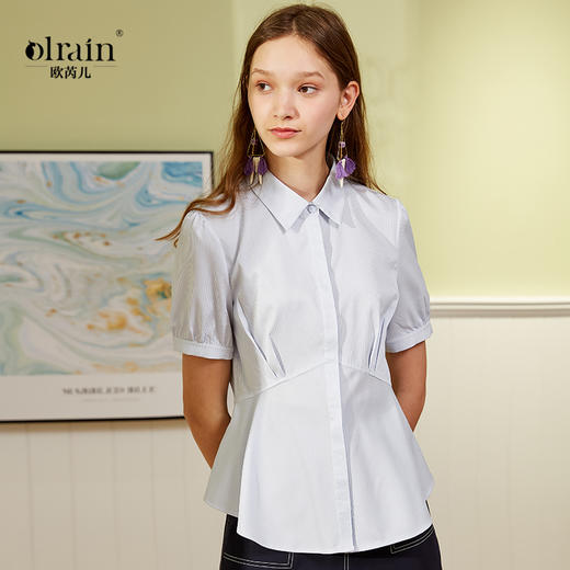 欧芮儿夏装新款女装细条纹短袖衬衫上衣 商品图0