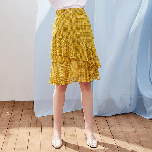 欧芮儿新款女装夏装格子半身裙女不规则蛋糕裙荷叶边女裙子9XQB20969 商品图0
