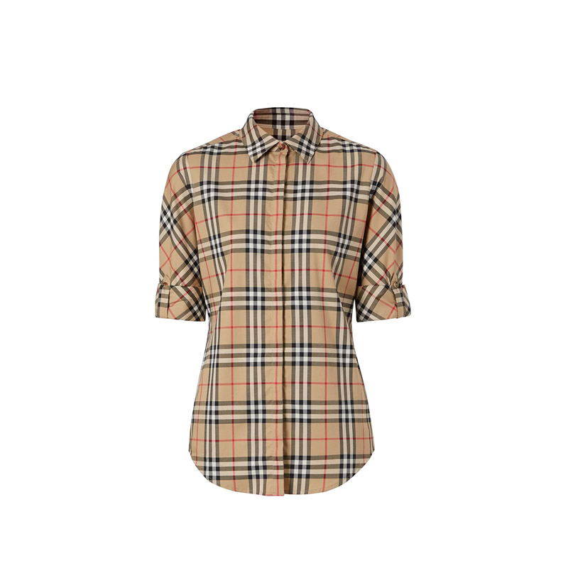 【二】BURBERRY 巴宝莉 女士 Vintage 格纹弹力棉质斜纹短袖衬衫 8018475 A7028