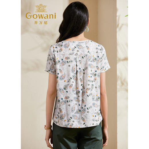 乔万尼桑蚕丝上衣女夏新款印花圆领短袖真丝衬衫宽松显瘦洋气衬衣ES2C133 商品图3