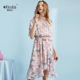 欧芮儿夏装新款喇叭袖V领不规则荷叶边裙印花雪纺连衣裙女8XLC11861