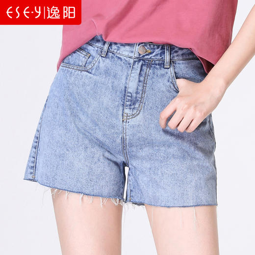 逸阳女裤牛仔短裤女2020夏季新款时尚简约毛边薄款阔腿A字三分裤2397 商品图0