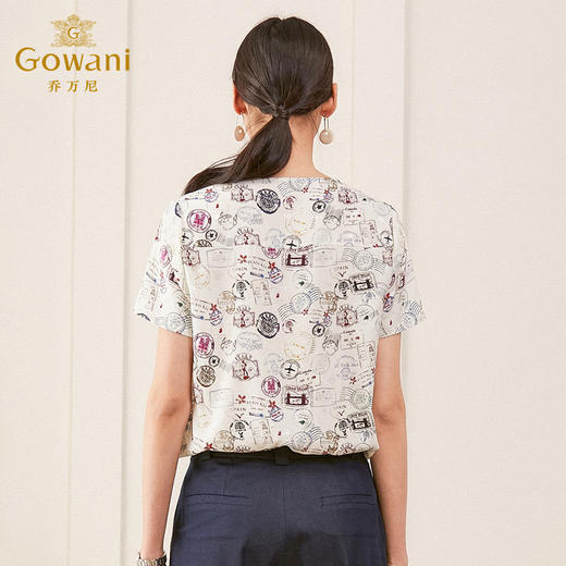 乔万尼真丝短袖上衣女设计感衬衫时尚气质v领印花桑蚕丝衬衣夏ES2C135 商品图3