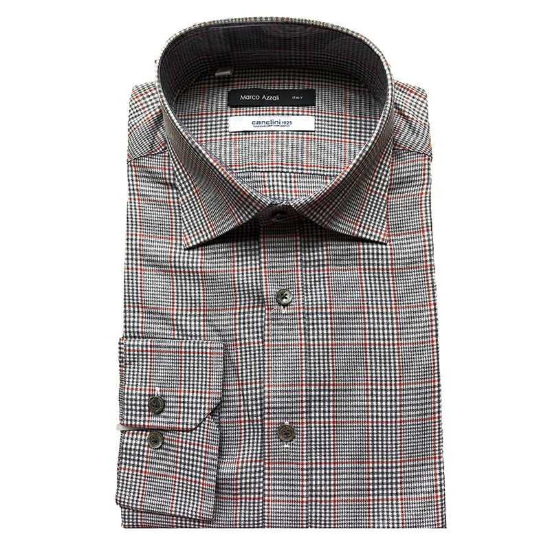 Marco Azzali 灰底红细格纹长袖衬衫 C3303900