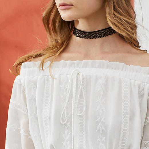 欧芮儿夏装新款收腰泡泡袖绣花一字领露肩连衣裙女中长款裙子8XLC12810 商品图2