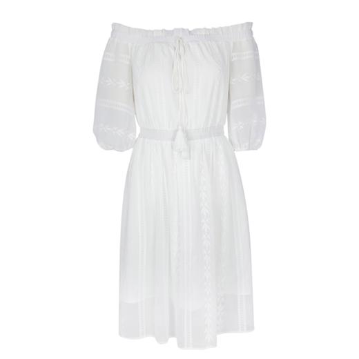 欧芮儿夏装新款收腰泡泡袖绣花一字领露肩连衣裙女中长款裙子8XLC12810 商品图3